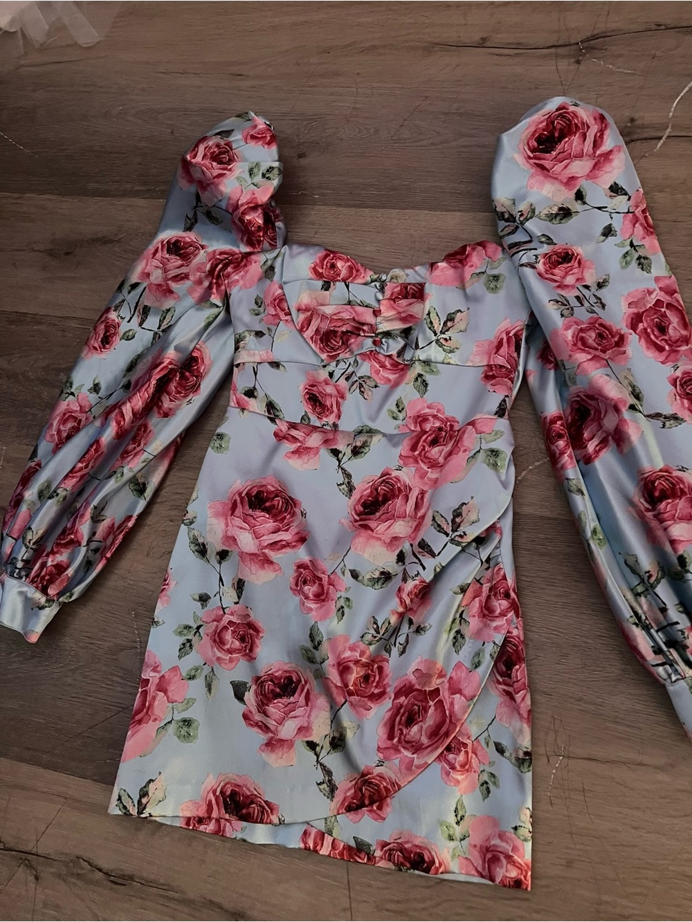 Floral Puff Sleeve Mini Dress - Pink Roses on Light Blue